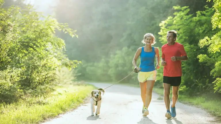 An active older couple jogging with their dog along a sunlit forest path, illustrating how regular exercise helps boost glutathione—a vital antioxidant our bodies produce—to support skin health, detoxification, and overall longevity.