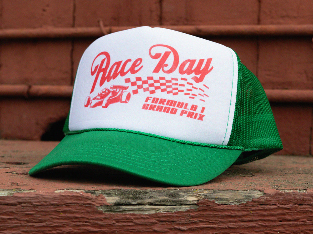 race day trucker hat formula 1 grand prix race day sunday hat green vintage streetwear race car green white red 3.jpg