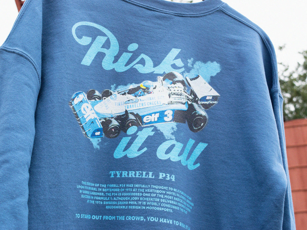 vintage tyrrell p34 risk it all sweatshirt formula 1 shirt f1 merch classic 70s f1 car blue 1.jpg