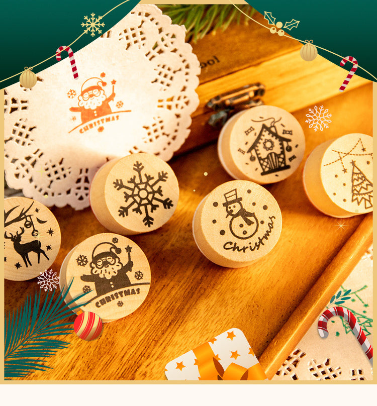 1Christmas Round Rubber Stamp Set - Santa Claus, Snowflake, Reindeer, Christmas Tree, Snowman, House