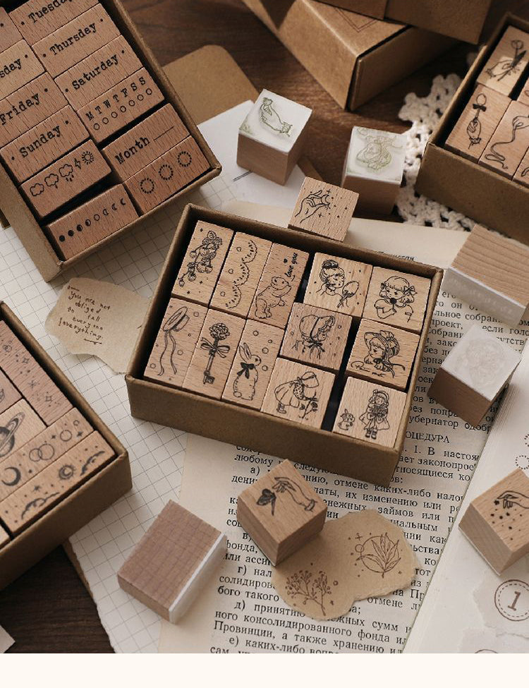 1Collection of Everything Series Retro Wooden Rubber Stamp Set