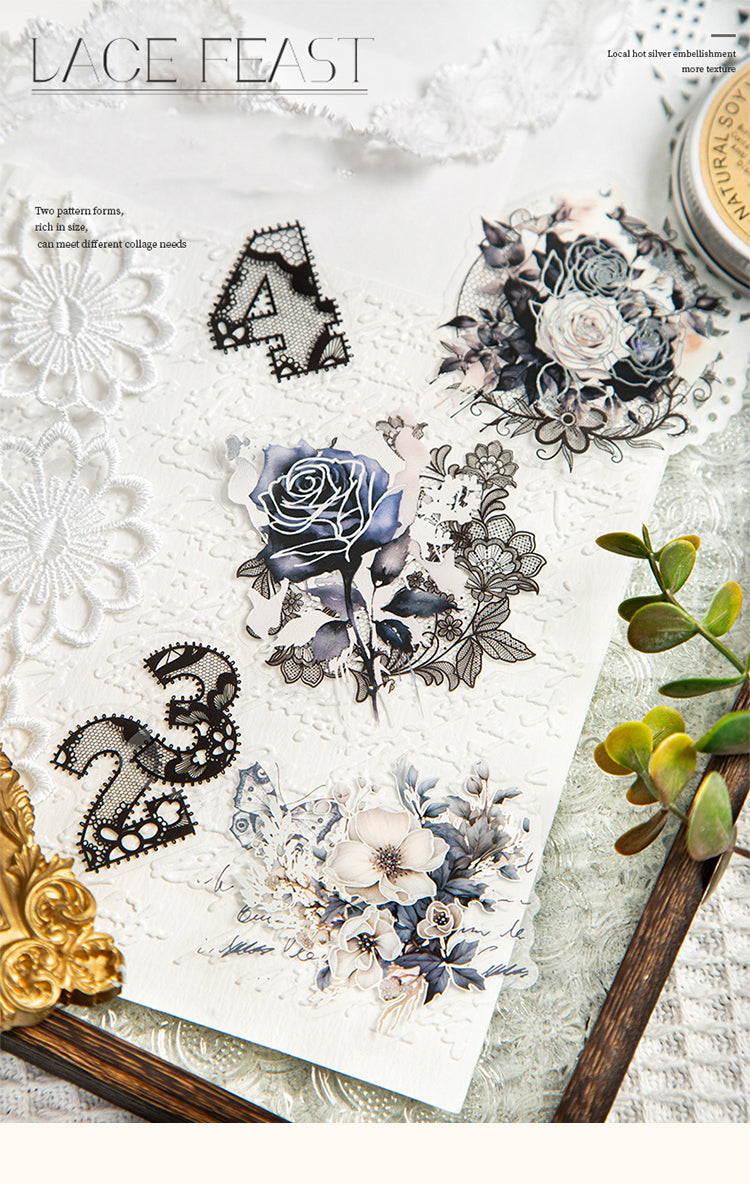 1Lace, Flower, Number PET Hot Stamping Silver Stickers