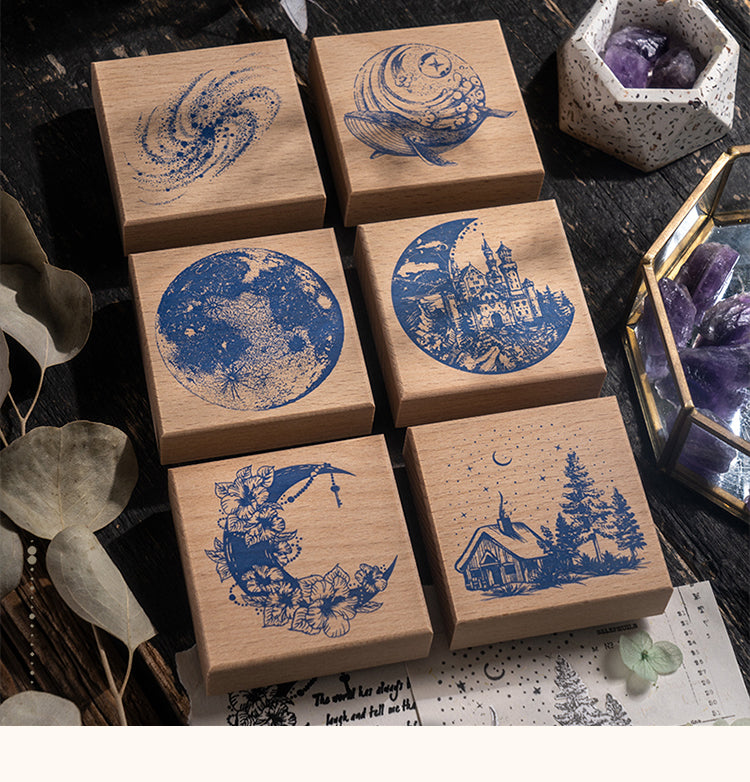 1Moon Tracks Retro Moon Phase Theme Wooden Rubber Stamp