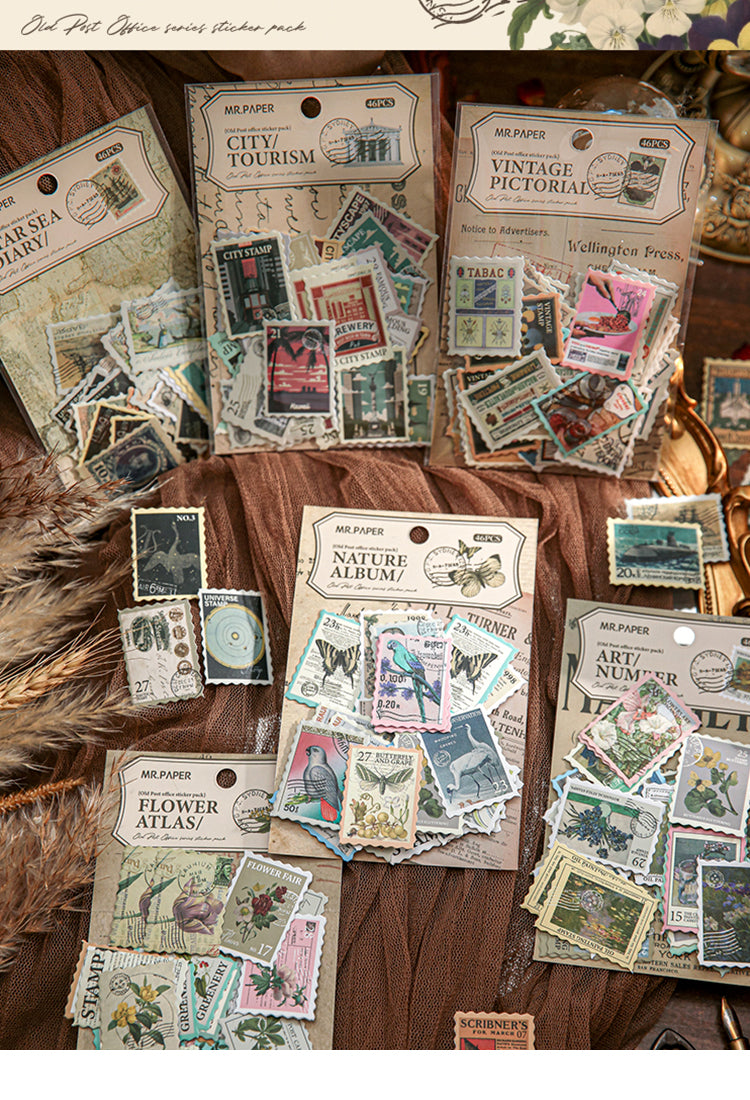 1Retro Post Office Stamp Sticker Pack-Plants, Cities, Oil Paintings, Nature Animals