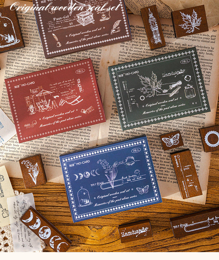 1Vintage Wooden Stamp Set- Travel, Antiques, Moon, Bottle, Lace, Leaves, Words