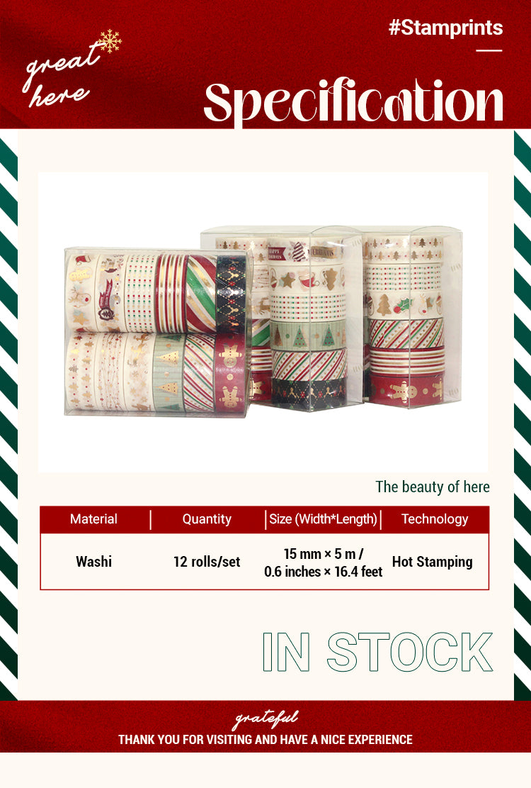 212 Rolls Gold Foil Basic Christmas Washi Tape Set1