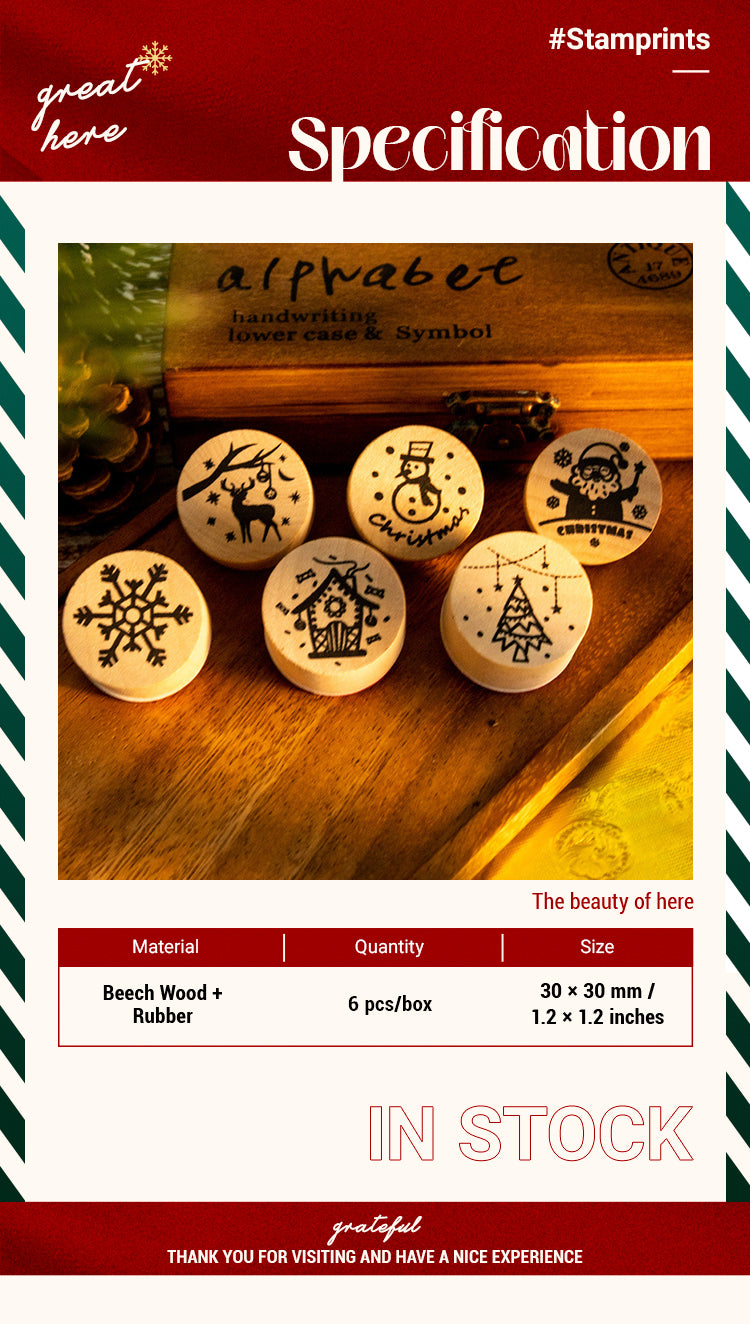 2Christmas Round Rubber Stamp Set - Santa Claus, Snowflake, Reindeer, Christmas Tree, Snowman, House1