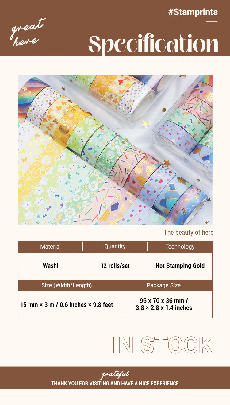 2Cute Cartoon Foil Stamped Basic Washi Tape Set (12 Rolls)1