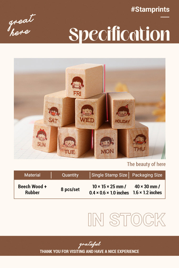 2Cute Girl Weekly Journal Wood Rubber Stamp Set1