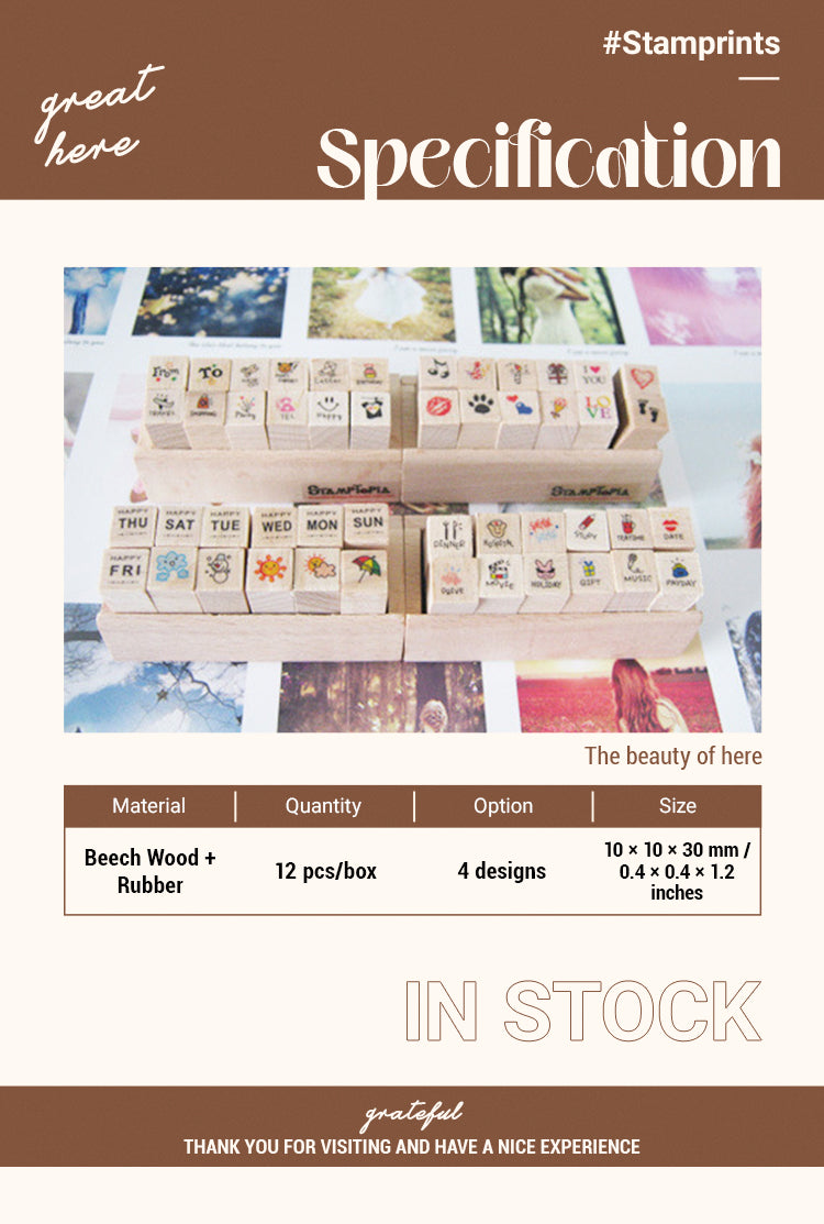 2Joyfill Diary Wooden Boxed Retro Cute Small Rubber Stamp Set1