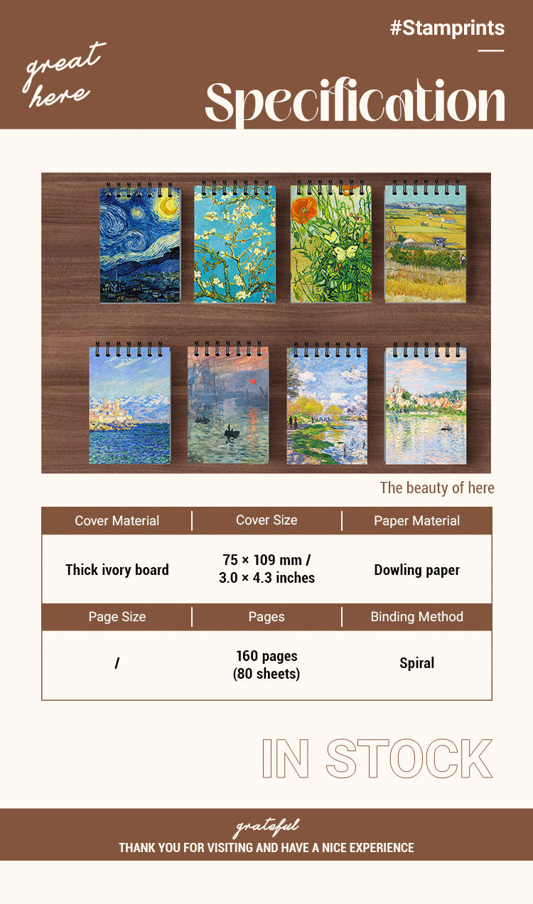 2Monet & Van Gogh Famous Painting Cover Pocket-Sized A7 Spiral Notebook