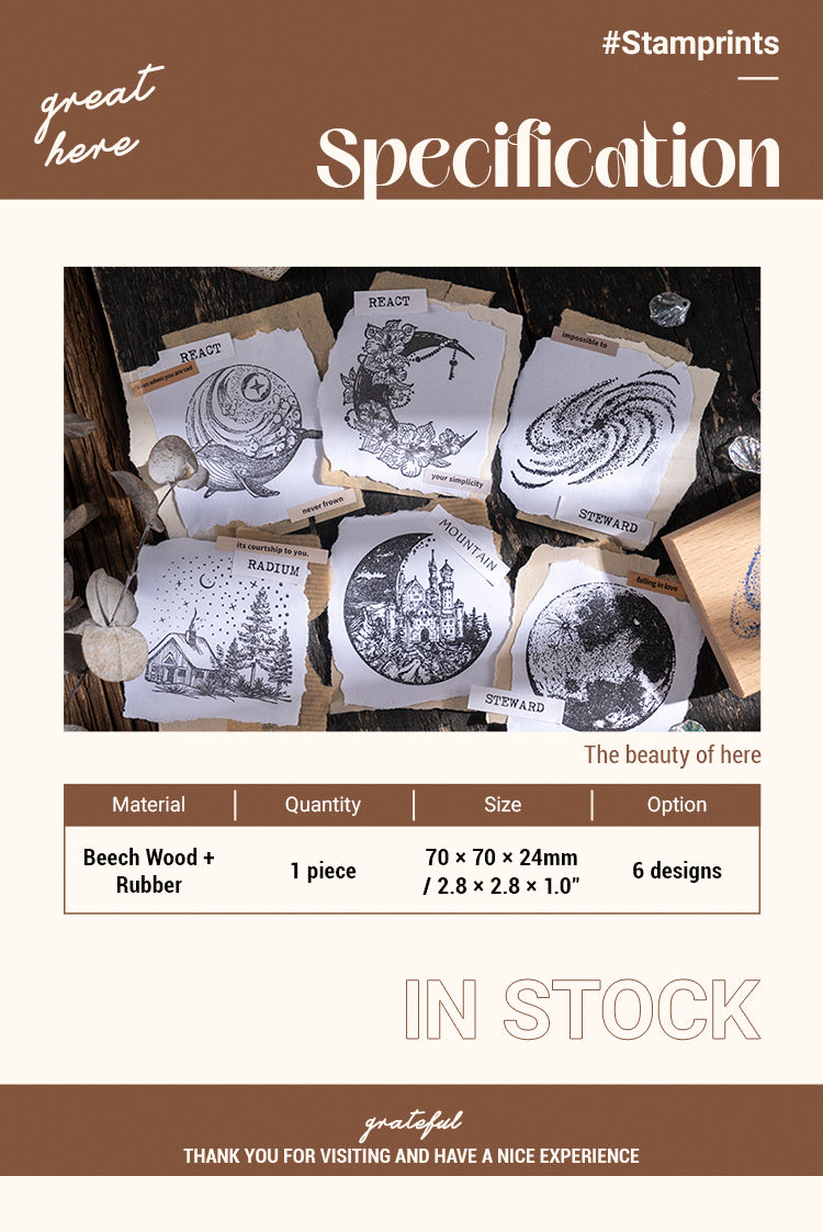 2Moon Tracks Retro Moon Phase Theme Wooden Rubber Stamp
