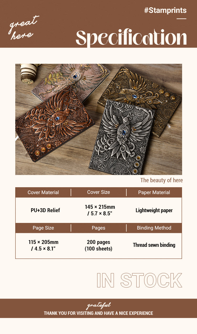 2Retro 3D Relief Bird PU Leather Notebook