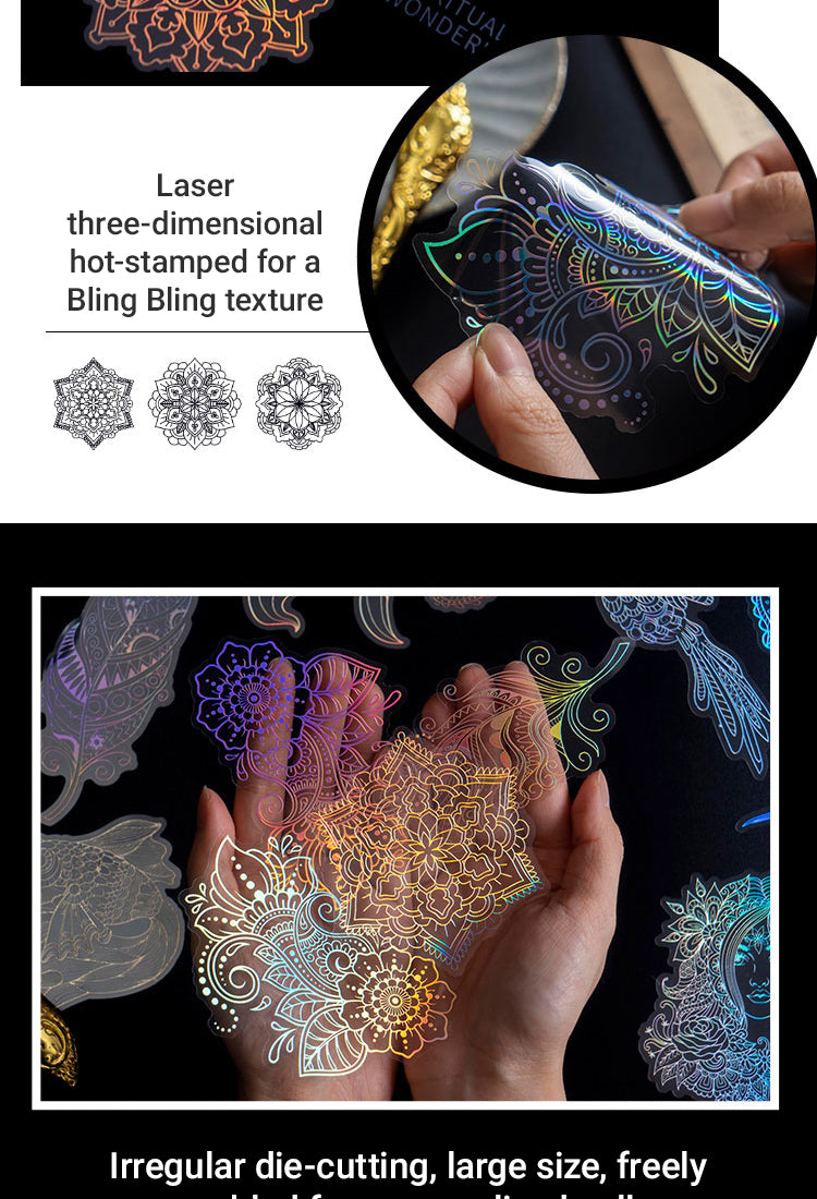 3Holographic Hot Stamping Silver PET Stickers - Goldfish, Bird, Butterfly, Moon, Feather, Girl, Flower, Mandala2