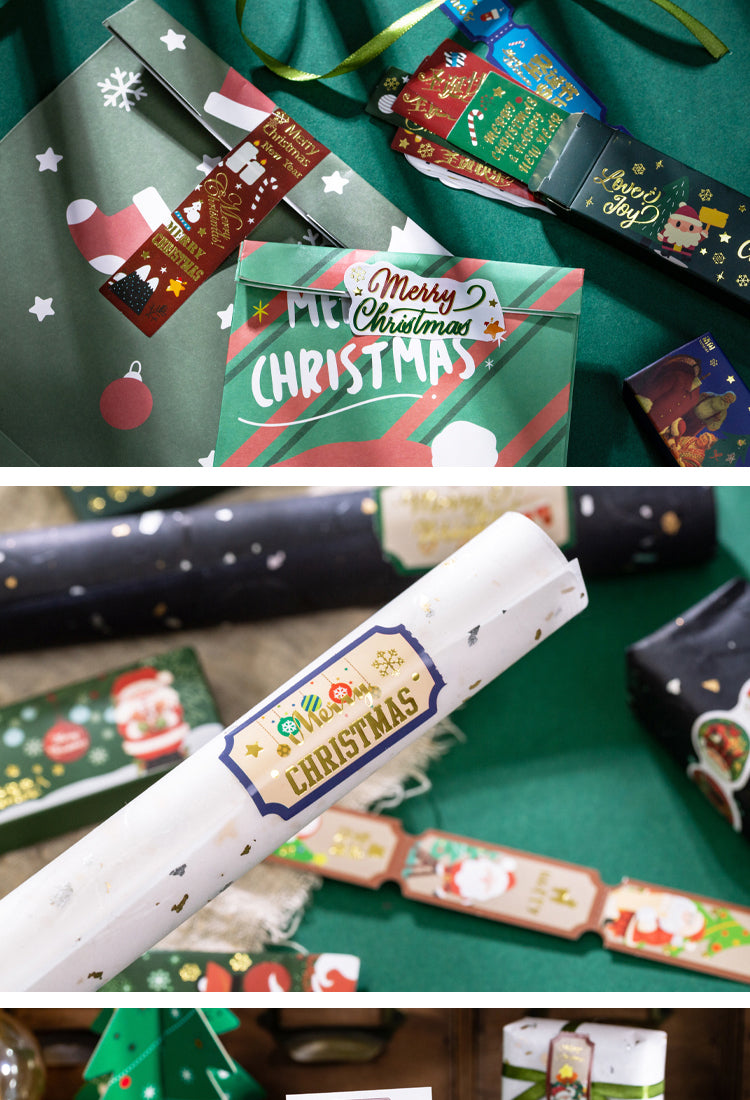 5Christmas Long Gold Foil Stickers - Trees, Snowmen, Greetings, Santa Claus5