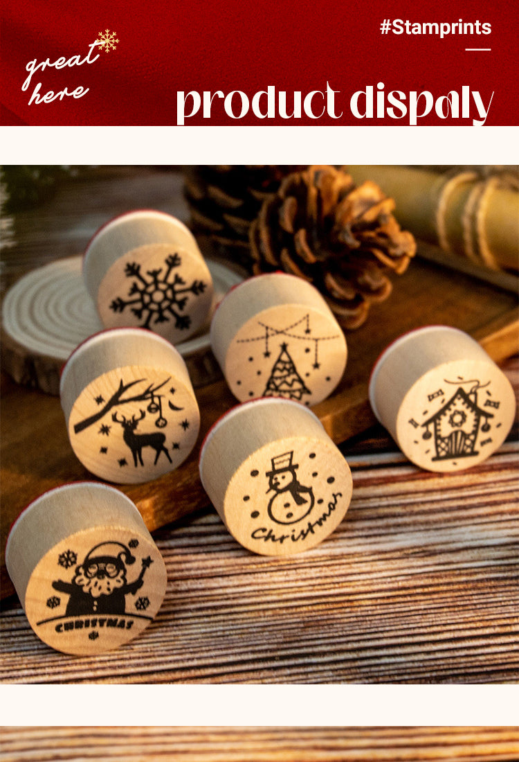 5Christmas Round Rubber Stamp Set - Santa Claus, Snowflake, Reindeer, Christmas Tree, Snowman, House1