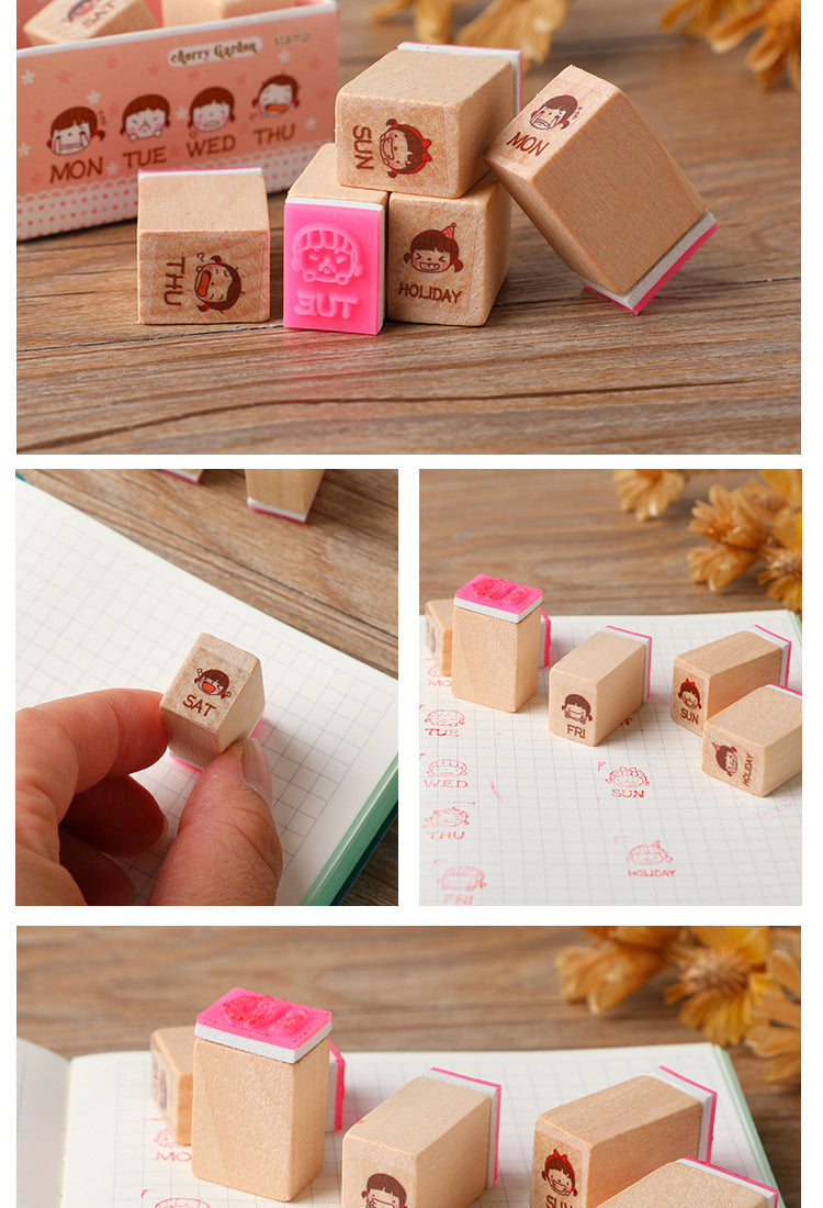 5Cute Girl Weekly Journal Wood Rubber Stamp Set3