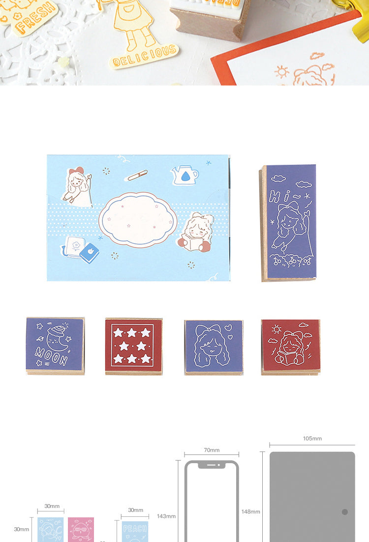 5Girl's Daily Life Cartoon Wooden Rubber Stamps3