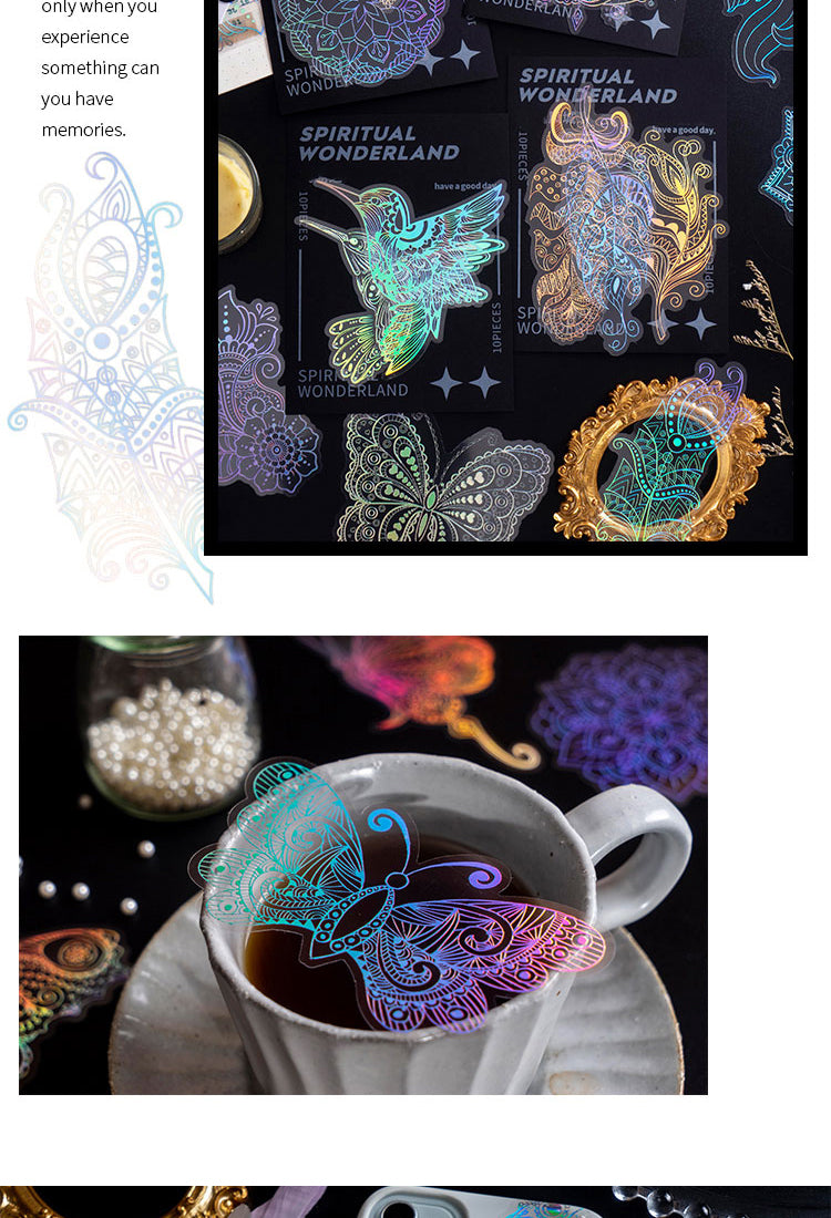 5Holographic Hot Stamping Silver PET Stickers - Goldfish, Bird, Butterfly, Moon, Feather, Girl, Flower, Mandala2