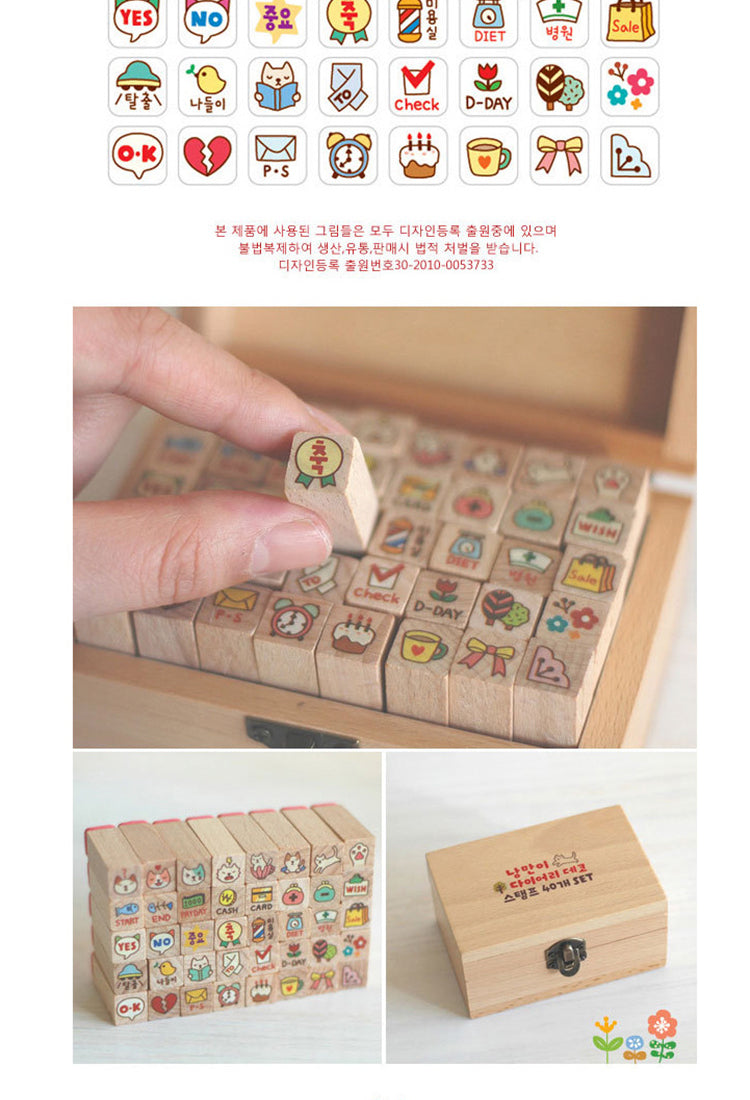 5Kawaii Cartoon Rabbit & Cat Boxed Wooden Rubber Stamp Set4