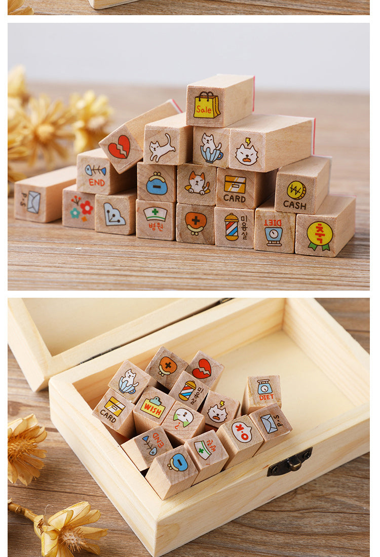 5Kawaii Cartoon Rabbit & Cat Boxed Wooden Rubber Stamp Set6