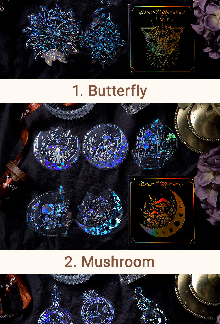 5Laser PET Stickers - Butterfly, Mushroom, Gears, Moon, Magic, Fractals6