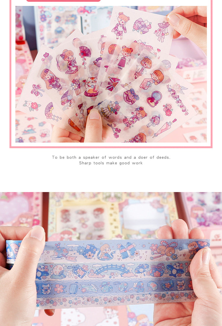 5Little Girl and Cherry Blossom Themed Cartoon Scrapbook Kit2
