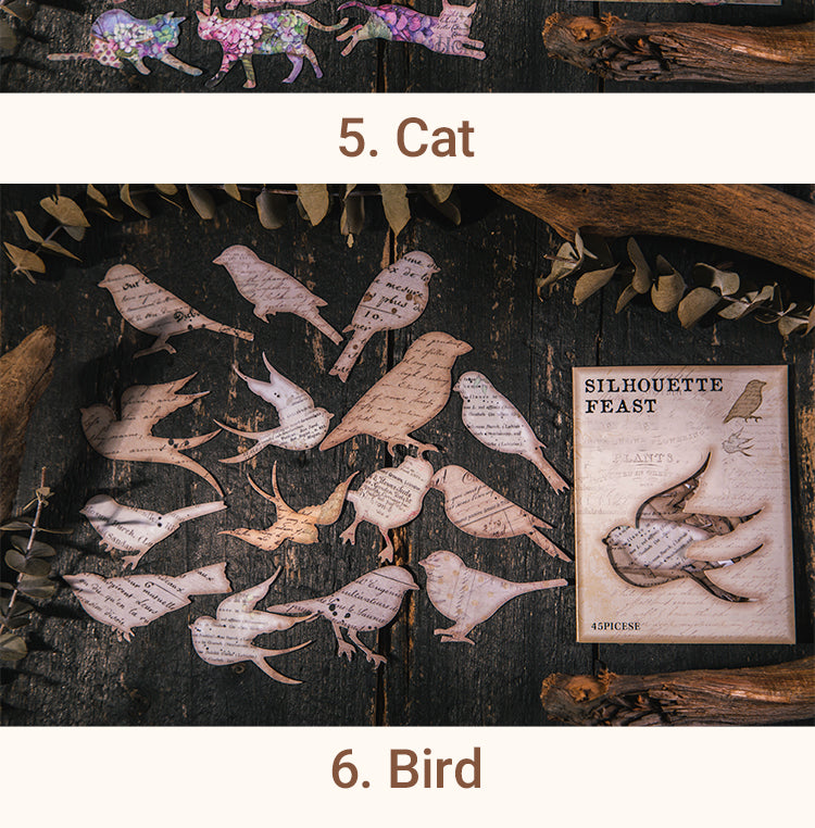 5Retro Silhouette Stickers - Cat, Butterfly, Bird, Leaf, Flower9