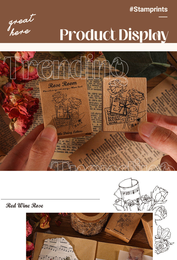 5Rose Book Collection Vintage Plant Wooden Rubber Stamp1