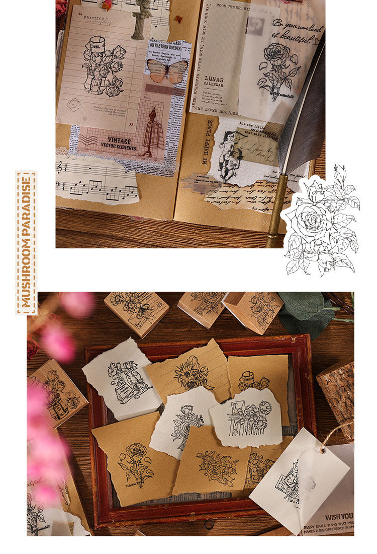 5Rose Book Collection Vintage Plant Wooden Rubber Stamp2