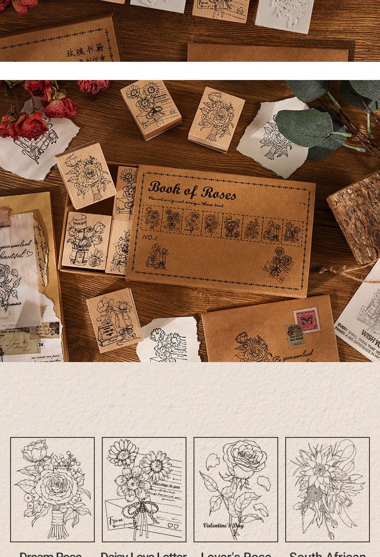 5Rose Book Collection Vintage Plant Wooden Rubber Stamp5