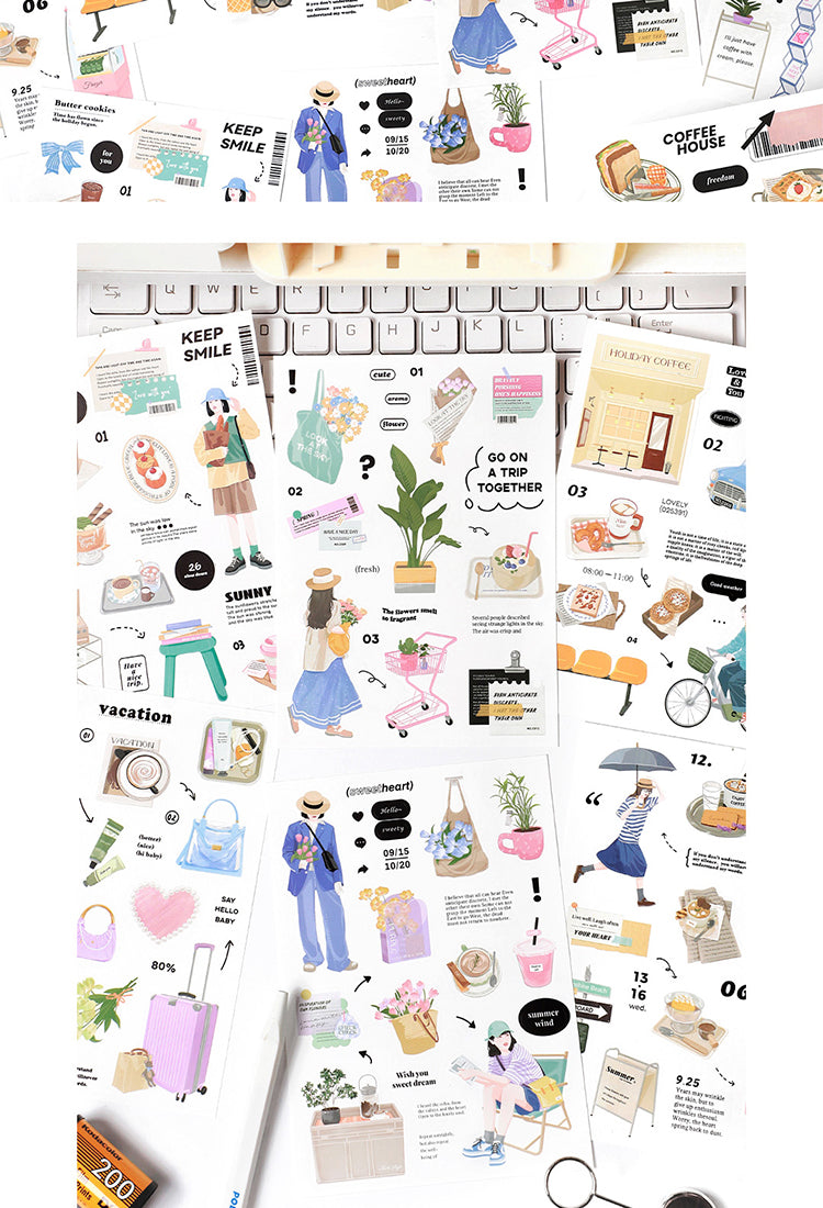 5Urban Girl Daily Life Sticker Sheet - Food, Characters, Everyday Items3