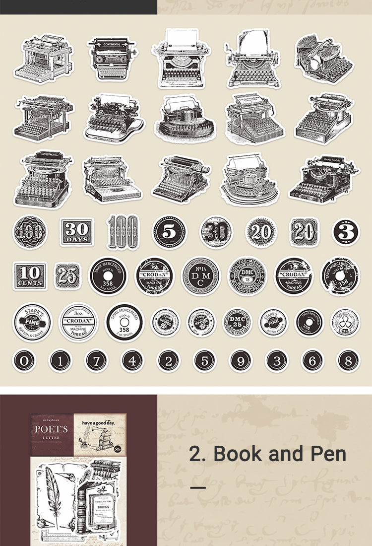 5Vintage Washi Stickers - Book, Ink, Typewriter, Hand Gesture, Text4