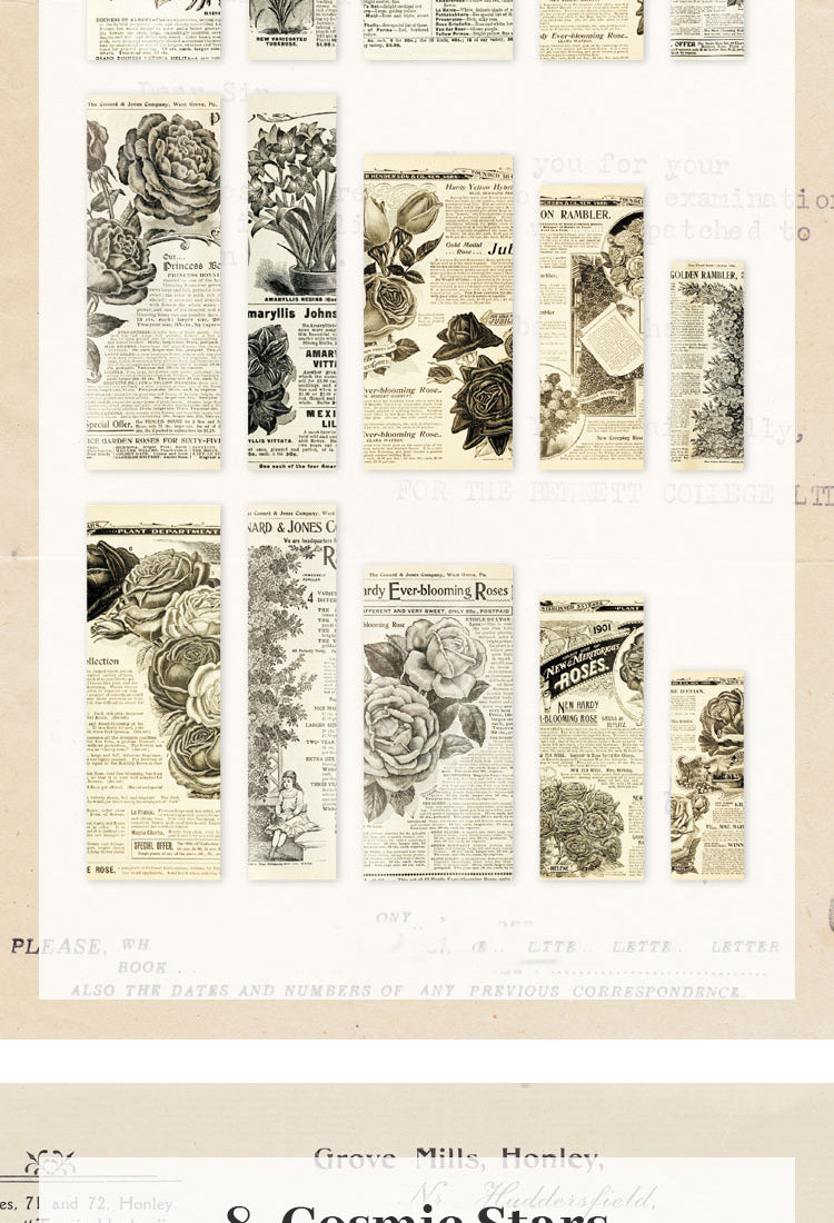 5Vintage Washi Stickers - Newspaper, Map, Butterfly, Flowers, People, Food, Universe17