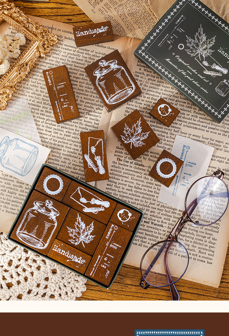 5Vintage Wooden Stamp Set- Travel, Antiques, Moon, Bottle, Lace, Leaves, Words10