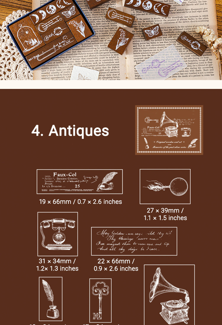 5Vintage Wooden Stamp Set- Travel, Antiques, Moon, Bottle, Lace, Leaves, Words12