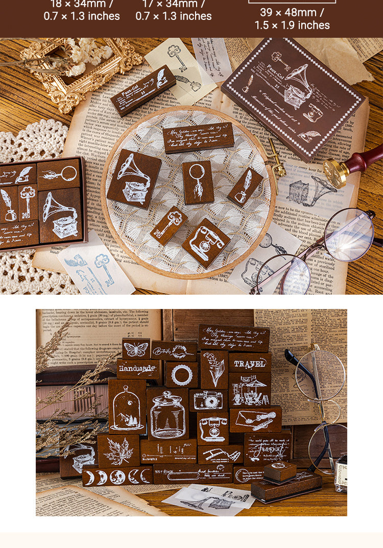 5Vintage Wooden Stamp Set- Travel, Antiques, Moon, Bottle, Lace, Leaves, Words13