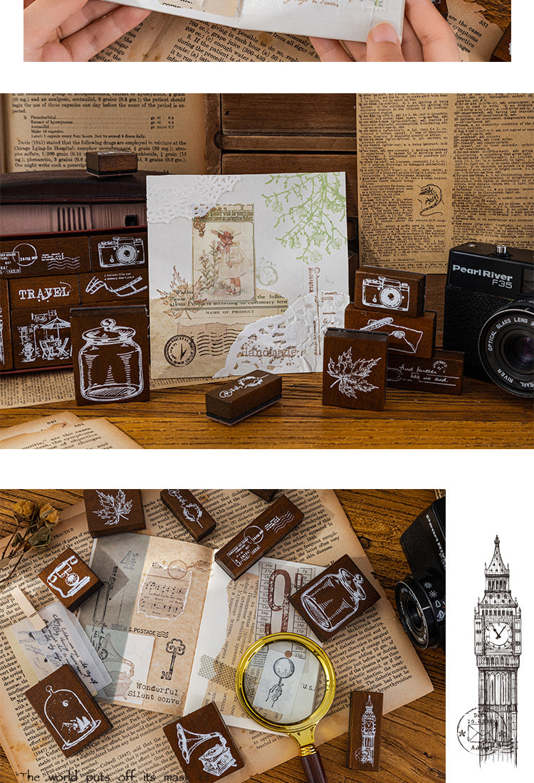 5Vintage Wooden Stamp Set- Travel, Antiques, Moon, Bottle, Lace, Leaves, Words3