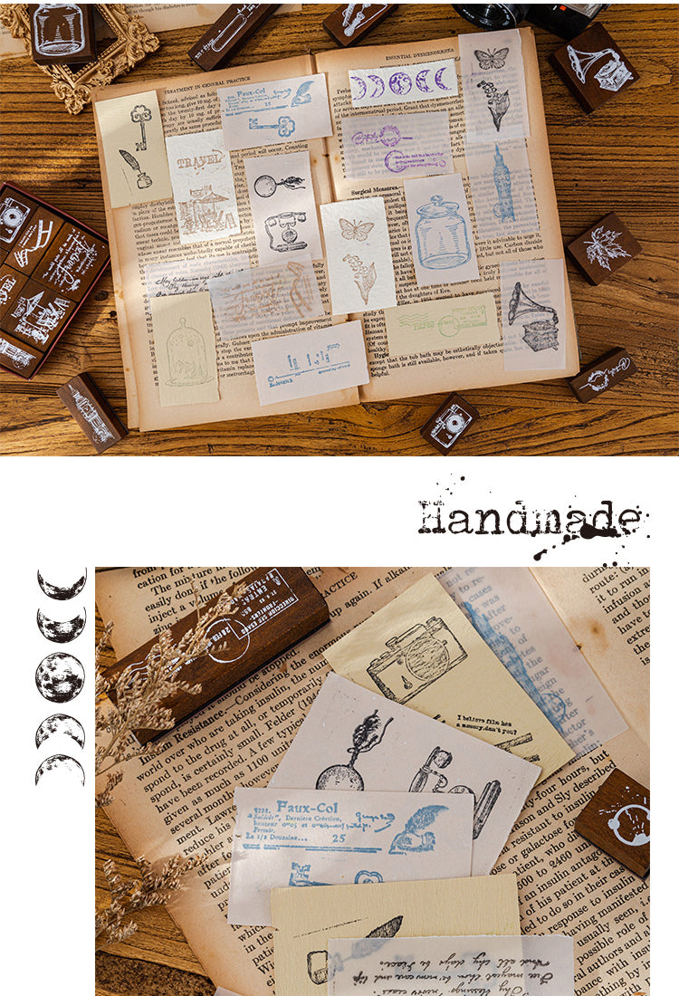 5Vintage Wooden Stamp Set- Travel, Antiques, Moon, Bottle, Lace, Leaves, Words6