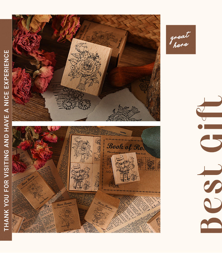 6Rose Book Collection Vintage Plant Wooden Rubber Stamp1