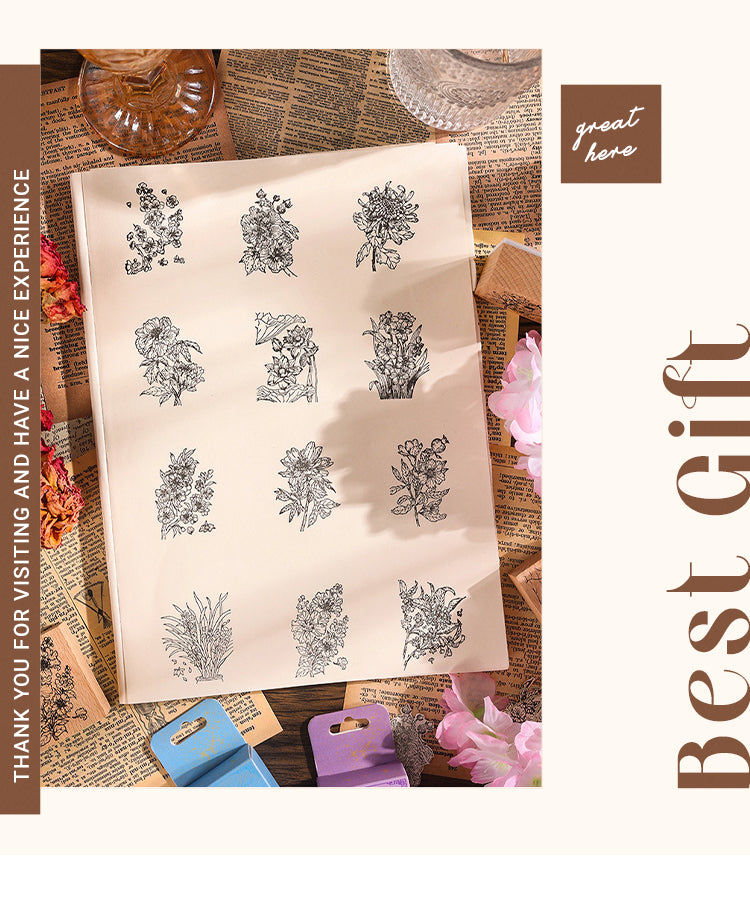 6Twelve Flower Gods Series Vintage Flower Wooden Rubber Stamp1