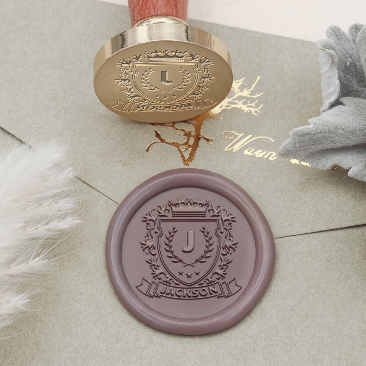 Custom Wax Seal Stamp - Custom Family Crest Wax Seal Stamp with Name, Initial, or Totem - Style 17