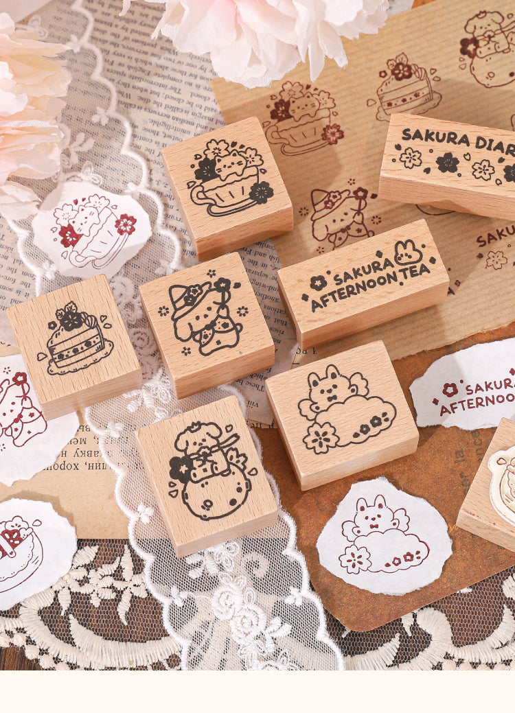 1Cartoon Afternoon Tea Cute Animals Wooden Rubber Stamp