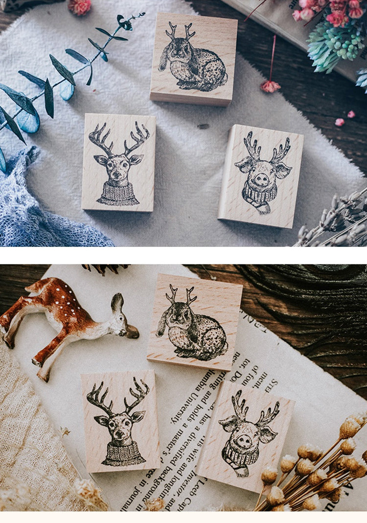 1Cute Animals with Antler Wooden Rubber Stamp