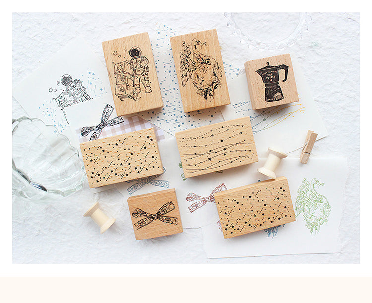 1Cute Coffee Bowknot Astronaut Wooden Rubber Stamp