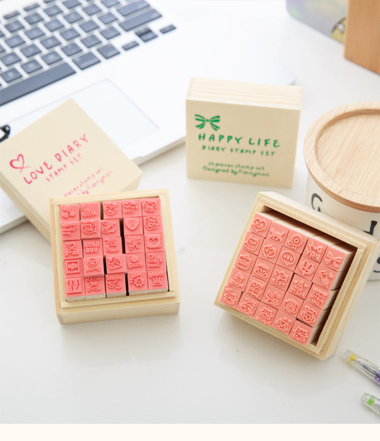 1Cute Mini Cartoon Boxed Wooden Rubber Stamp Set