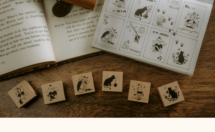 Good Day Cartoon Character Cat Wooden Rubber Stamp - Craft Stamps