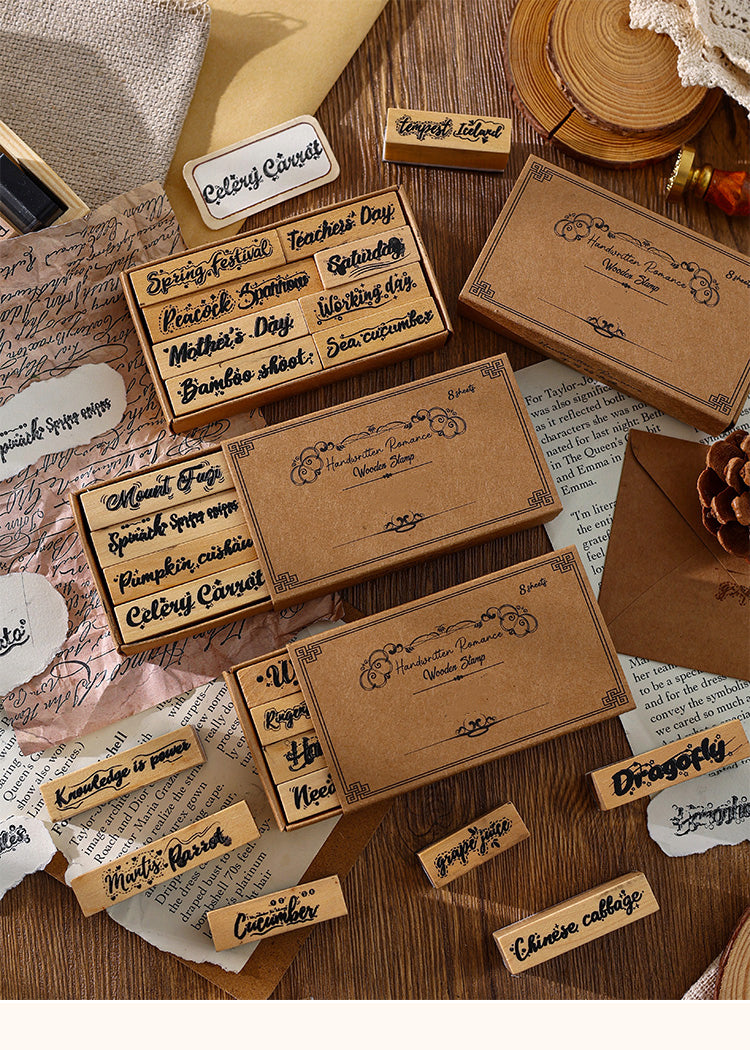 1Romantic Handwritten English Wooden Rubber Stamp Set