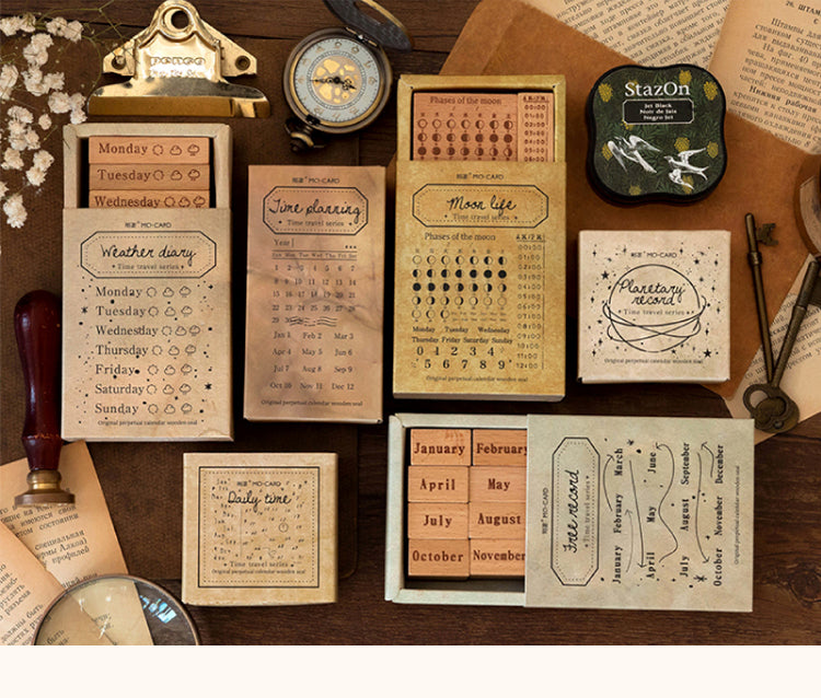 1Time Travel Vintage Perpetual Calendar Wooden Rubber Stamp Set