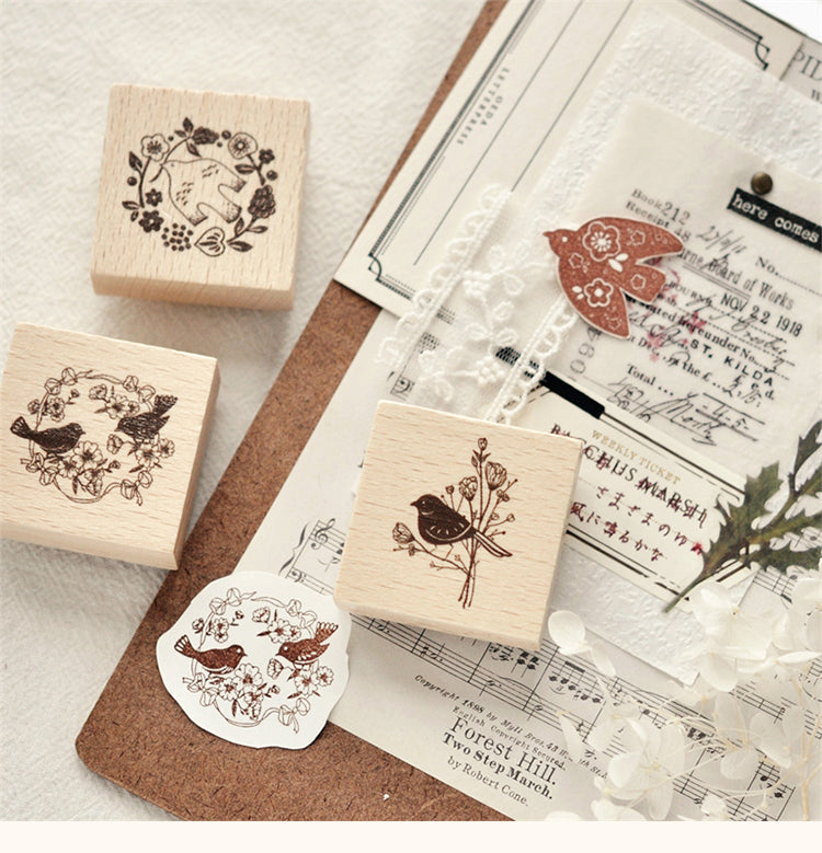 1Vintage Flower & Bird Wooden Rubber Stamp